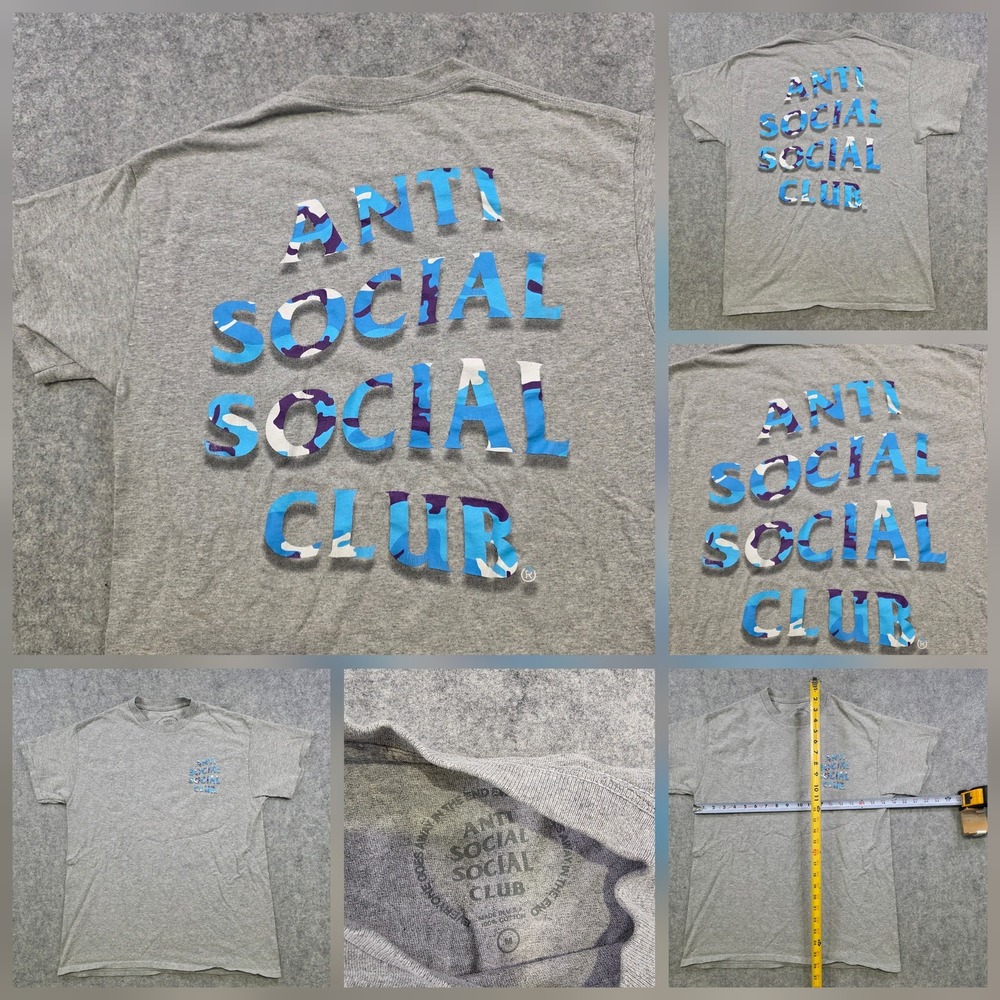 Anti Social Social Club Shirt Mens Medium Gray Blue Camo Graphic Tee Streetwear